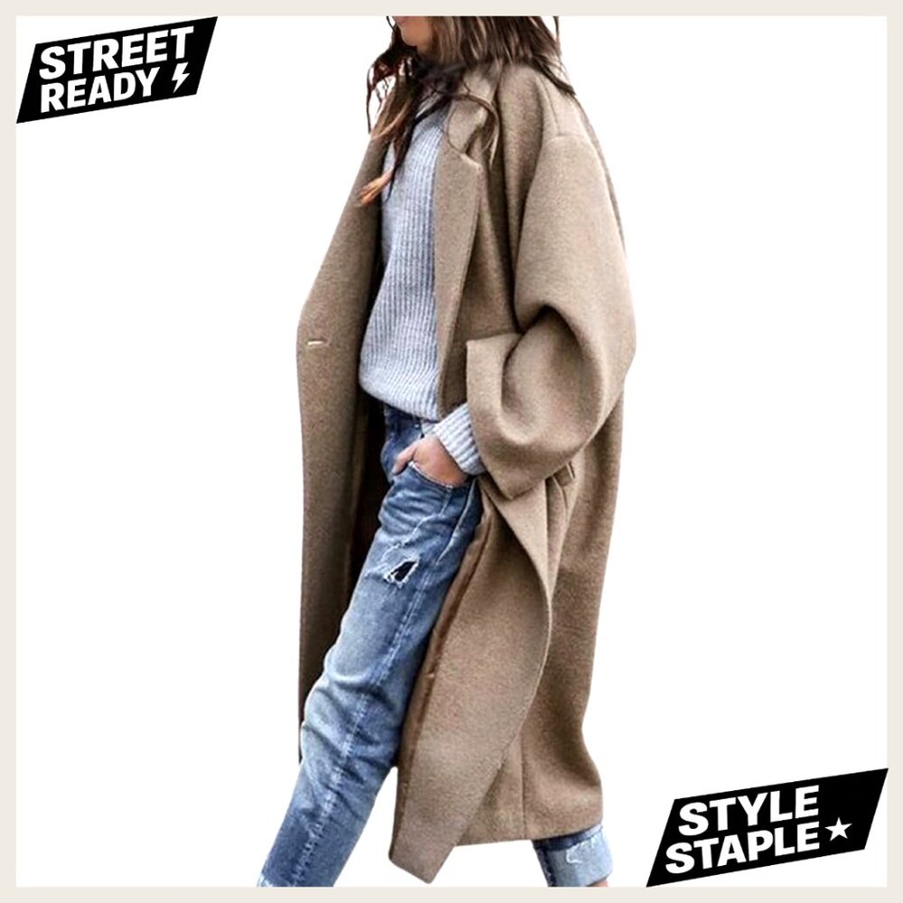 Oversized Wool Blend Trench Coat, Notched Collar, Midi Length, Button Front